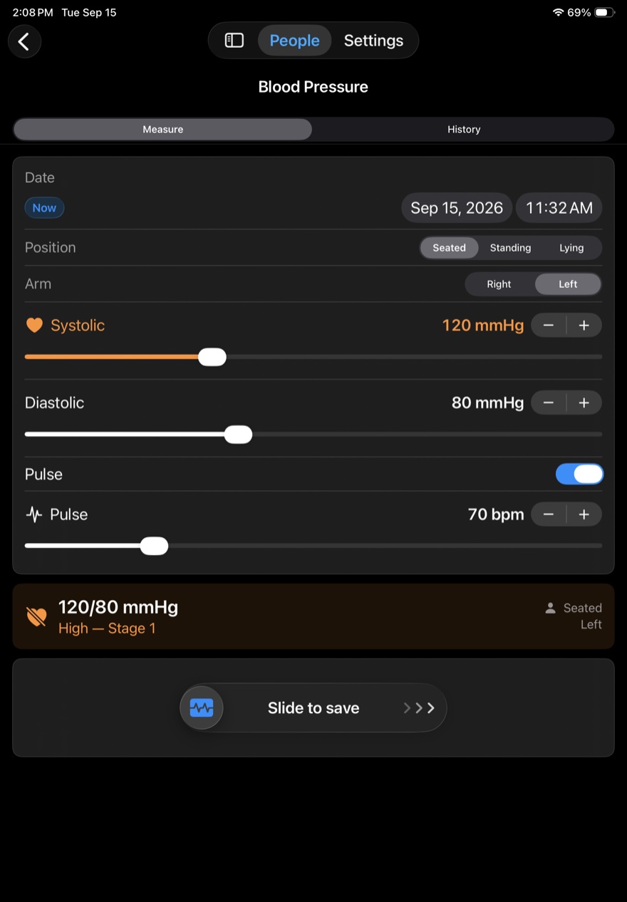 Blood pressure screen on iPad