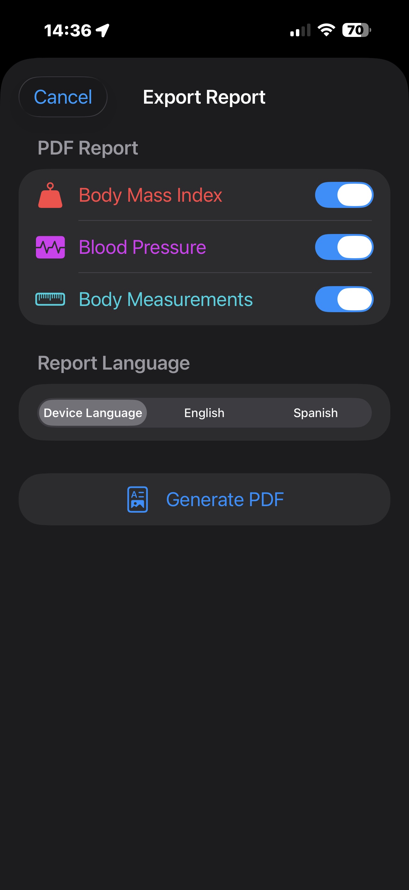 PDF report export screen