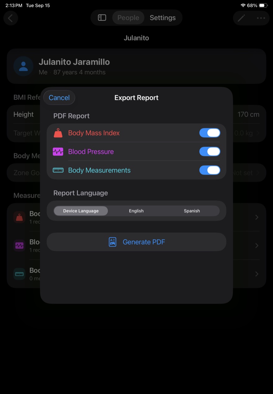 Export report panel on iPad