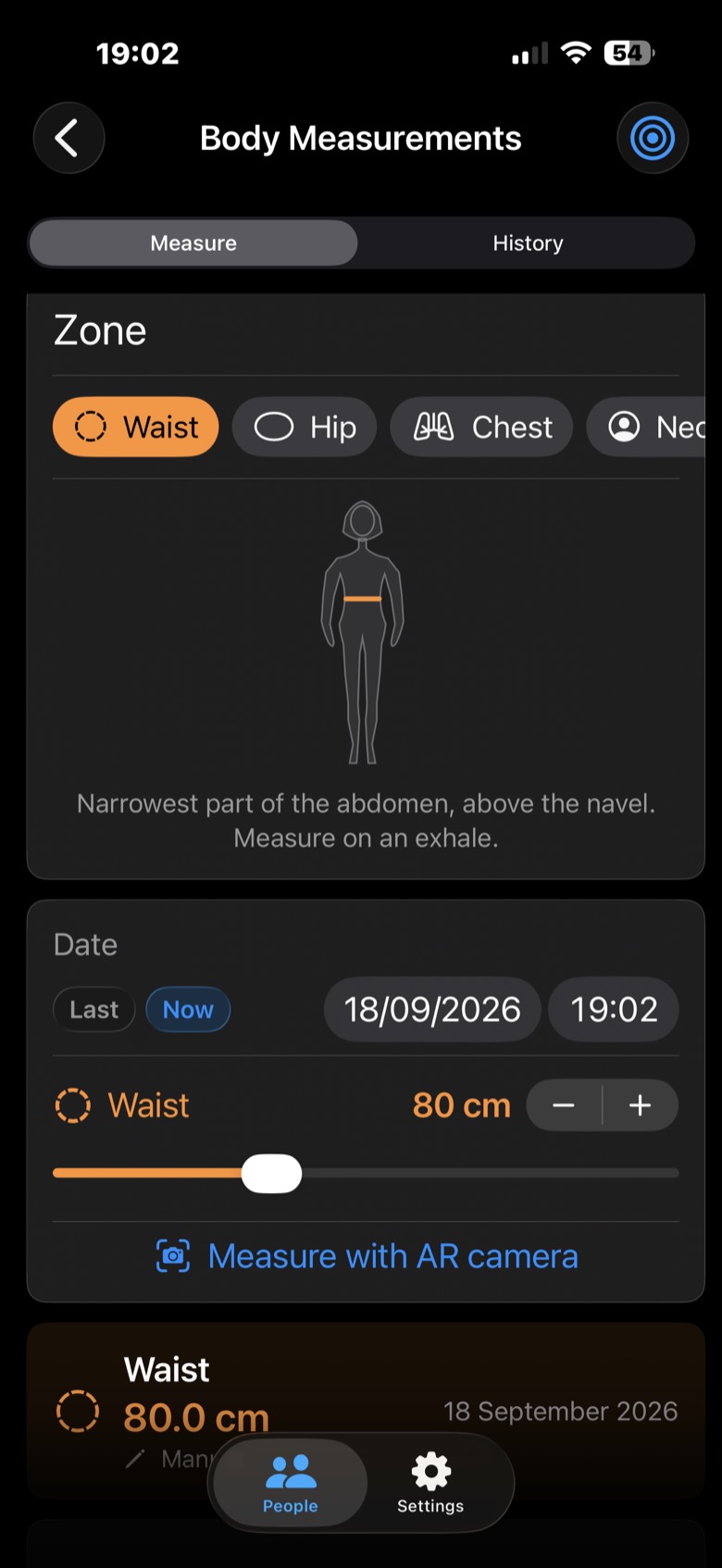 Body measurements screen with anatomical silhouette