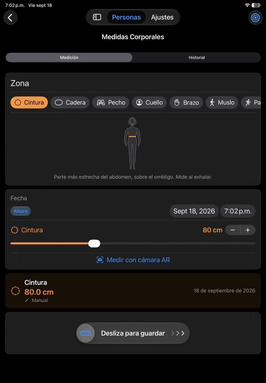 Pantalla de medidas corporales con silueta anatómica en iPad