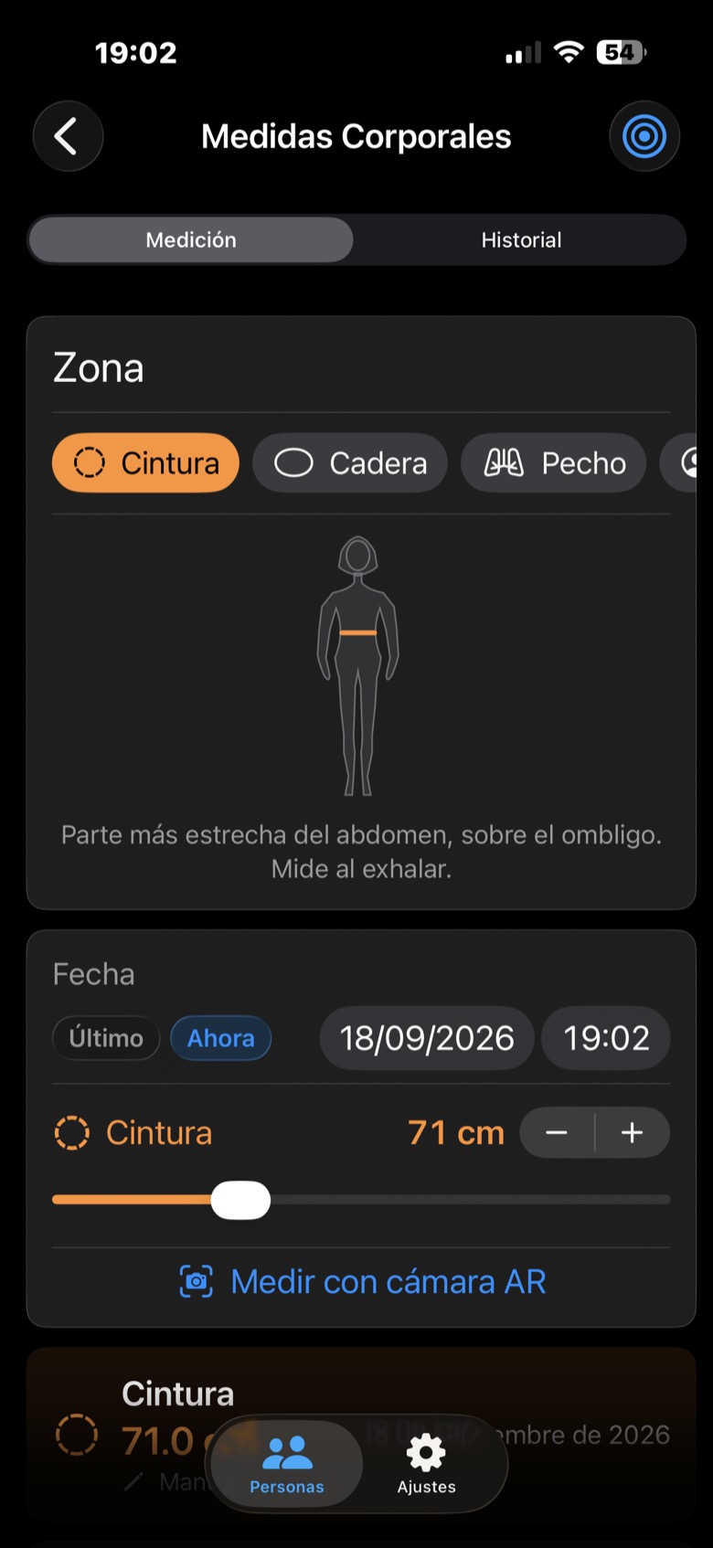 Pantalla de medidas corporales con silueta anatómica