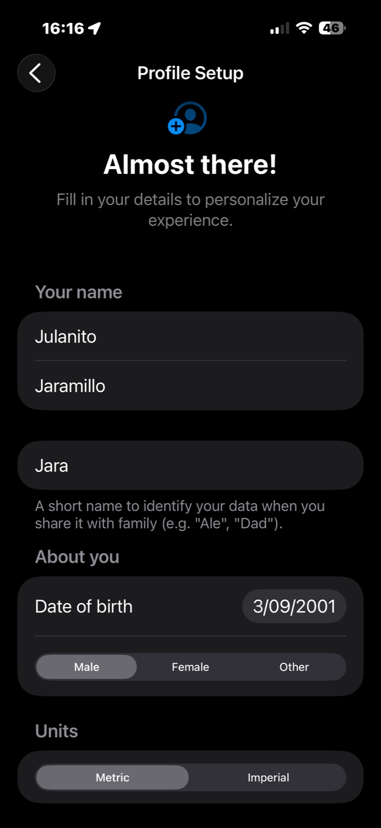 Profile setup screen