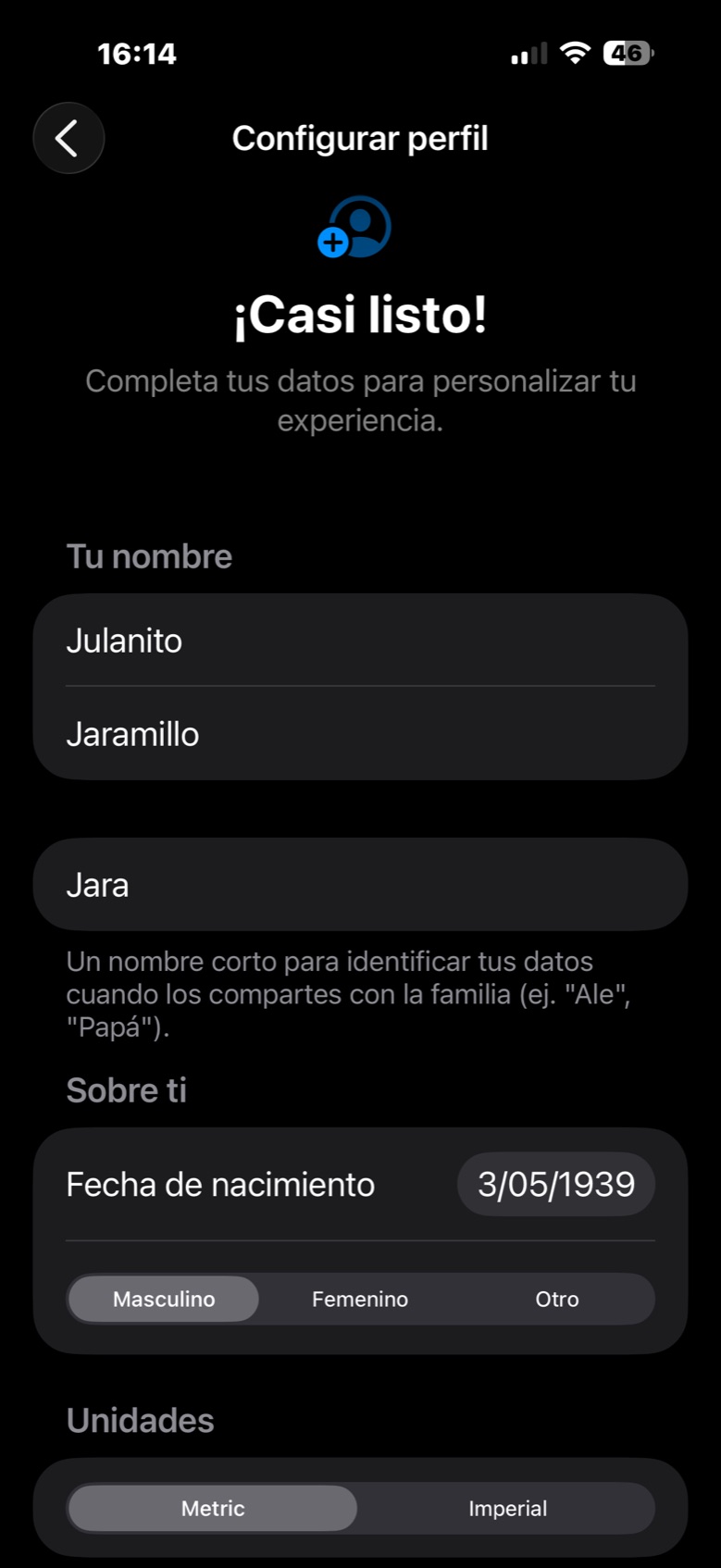 Pantalla de configuración de perfil