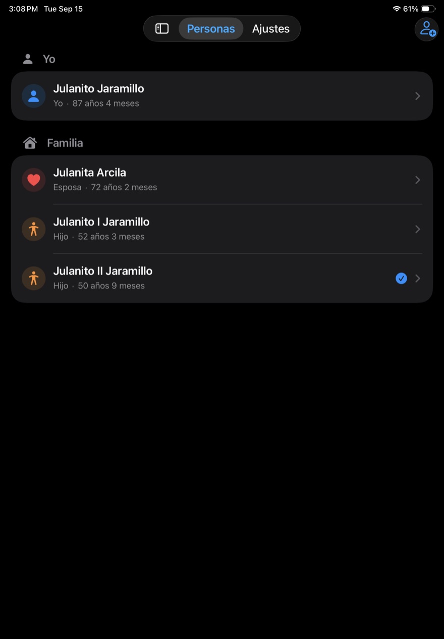 Lista de perfiles familiares en iPad