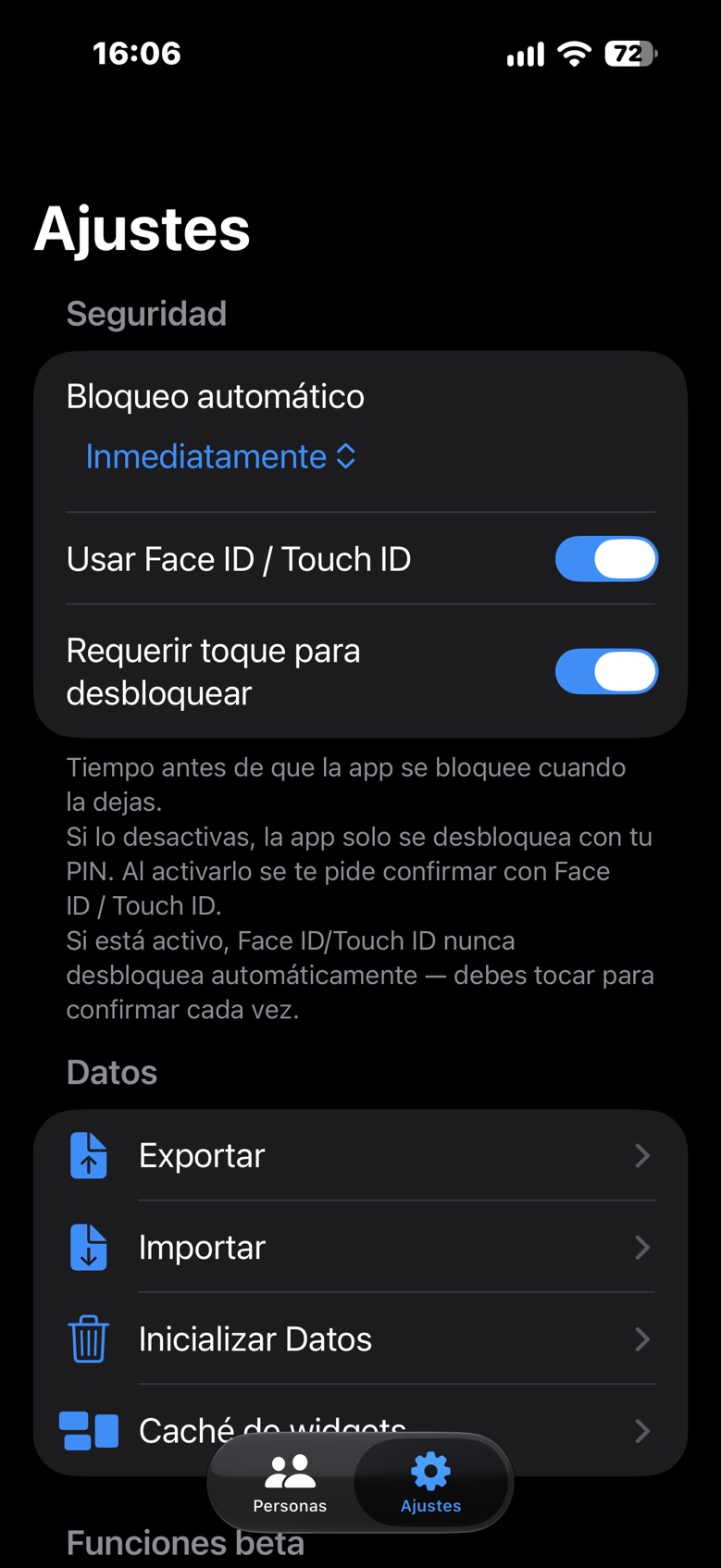 Pantalla de ajustes, seguridad y sección de datos