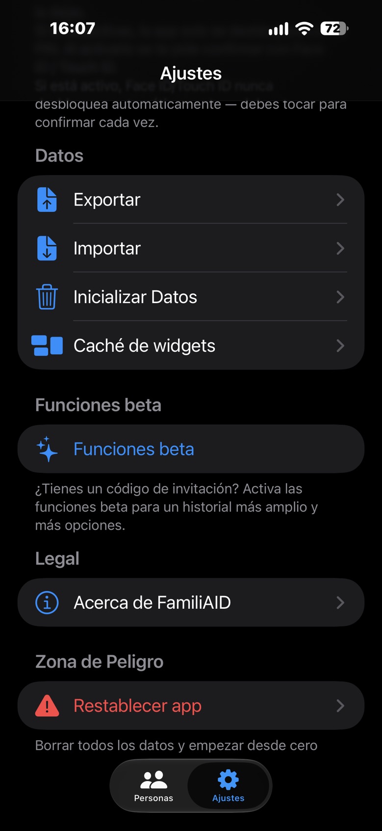 Pantalla de ajustes, zona de peligro