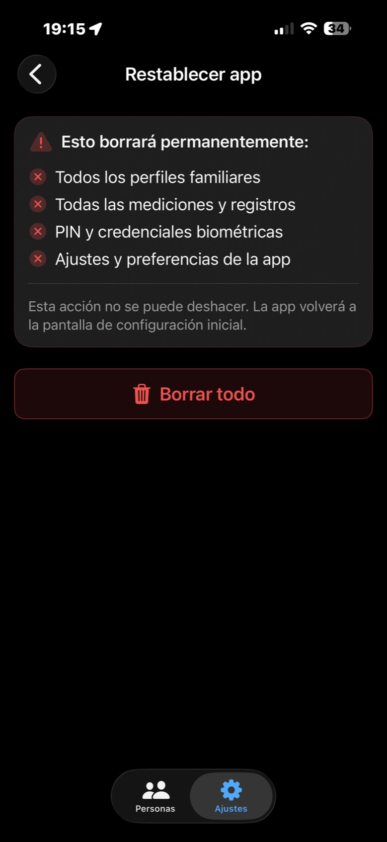 Pantalla de restablecer app